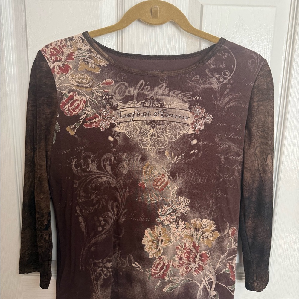 Vintage Cafe Graphic Top Brown Black Coffee Shirt 3/4 Sleeve Indie Y2K Tee Large